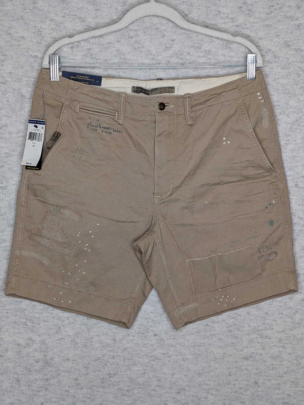 Polo Ralph Lauren Distressed Paint Splatter Chino Shorts Khaki 33 8 Inseam